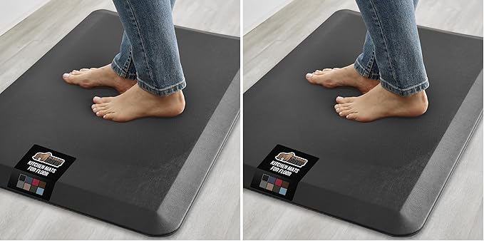 GORILLA GRIP Comfortable Cushioned Kitchen Mats for Floor, Waterproof Stain Resistant Top, 3/4 Inch Thick Ergonomic Standing Desk Anti Fatigue Mat, Supports Ankles and Feet, 17x24, Black (Pack of 2)