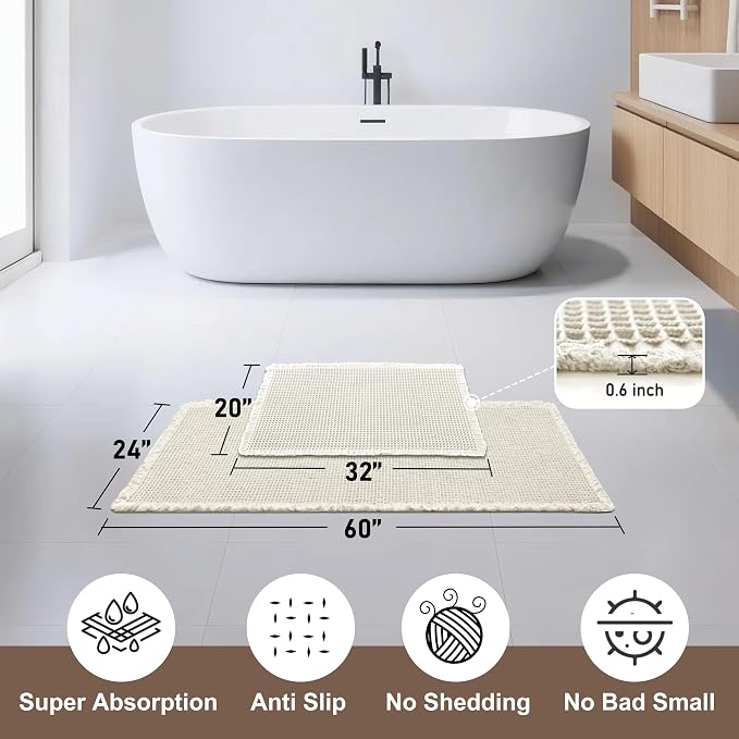 JIUZHEN Set of 2 Waffle Bath Mats Non Slip Waffle Bathroom Runner Rug Washable Boho Runner Bath Rugs Super Absorbent Shower Mat for Bathroom Kitchen Hallway Laundry, 20" x 32" +24" x 60", Ivory