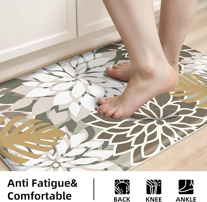 Arenarug Kitchen Mats for Floor 2PCS Cushioned Anti Fatigue Waterproof Non Slip Kitchen Mat Rug Set Comfort Foam Standing Mat for Sink, Laundry, Office,17.3" x 28" + 17.3" x 59", Brown White