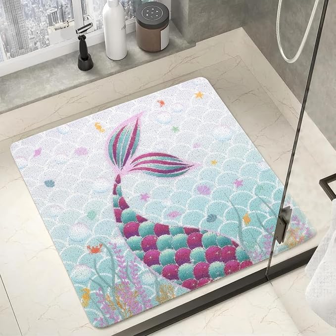 Square Shower Mats for Inside Shower, Mermaid Non Slip Bath Mat Quick Drying Bathmat Easy Cleaning Cute Shower Matt for Kids Bathroom Floor, Textured Surface Shower Foot Scrubber Mat, 24″X24″