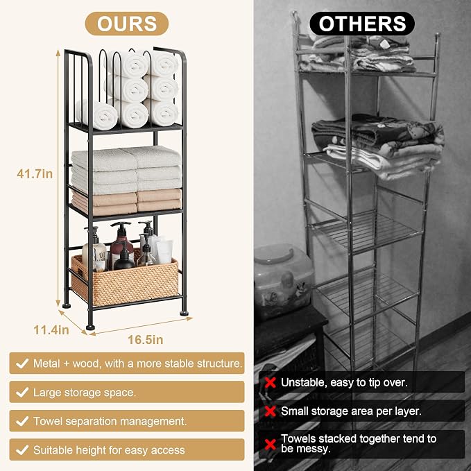 Towel Rack Free Standing 3-Tier M-Shaped Detachable Dividers, Durable Metal Holder, Pool Towel Rack, Space-Saving Towel Storage Organizer, Modern Bath Towel Shelf for Home, Poolside, Black