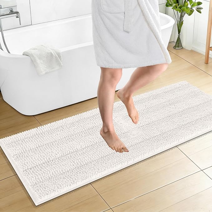 OLANLY Thick Bathroom Runner Rugs 59x20, Absorbent Chenille Striped Bath Rugs, Rubber Backing, Machine Wash Dry, Extra Long Bath Mats for Bathroom Floor, Tub and Shower, Home Decor Accessories, Ivory