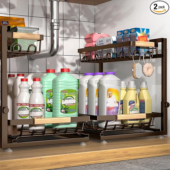 Sevenblue 2 Packs Under Sink Organizer, Height Adjustable 2 Tier Under Kitchen Sink Organizer, Multi-Purpose Storage Shelf for Kitchen Bathroom Cabinet (Brown, Large)