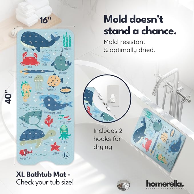 Bath Tub Mat Non Slip Anti Mold for Kids BPA Free INCL Hooks - homerella® Ocean Sea Animals 40x16, Baby Bath Mat Non Slip 200 Suction Cups, Non Toxic Machine Washable Toddler Bath Mat, EU Certified