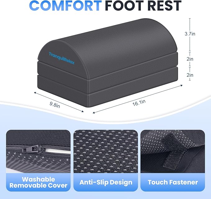 TranquilRelax Foot Rest for Under Desk at Work, Gaming Accessories Foot Stool with 3 Adjustable Heights & Washable Cover, Comfortable Office Desk Accessories, Footrest for Office, Home and Car (Gray)
