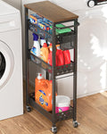 XYZLVSI Slim Storage Cart 4 Tier Laundry Cart with Wheels, Narrow Metal Kitchen Rolling Carts Bathroom Organizers Storage Shelf with Wood Rack and Handle for Small Space