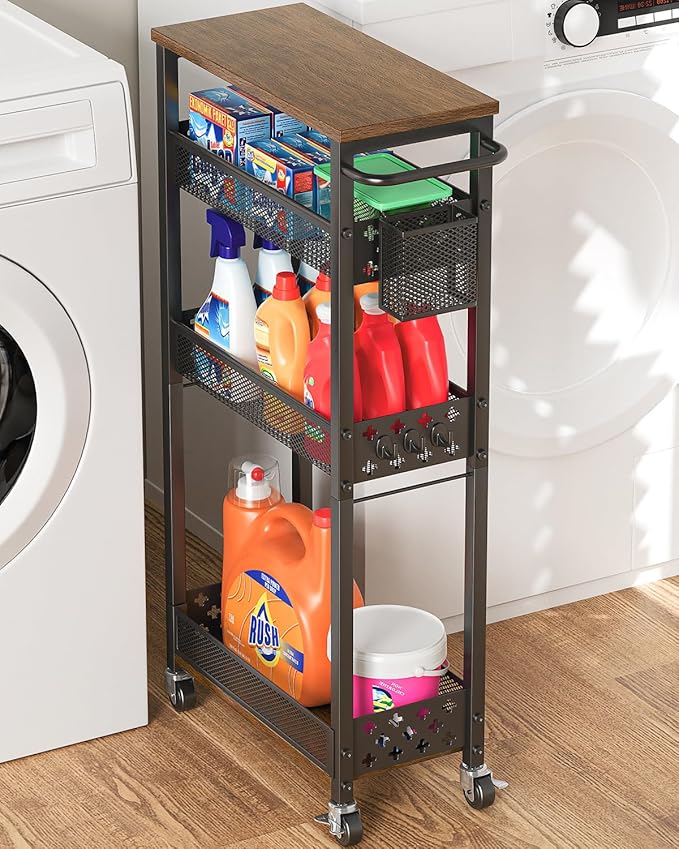 XYZLVSI Slim Storage Cart 4 Tier Laundry Cart with Wheels, Narrow Metal Kitchen Rolling Carts Bathroom Organizers Storage Shelf with Wood Rack and Handle for Small Space