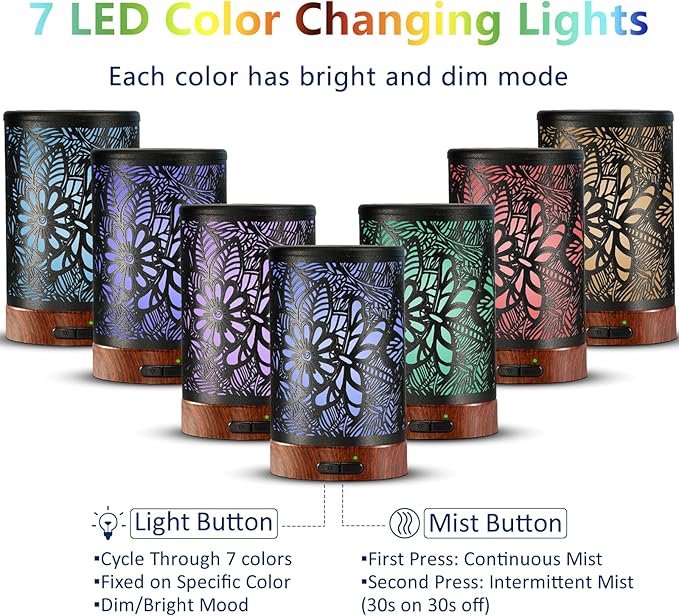 EQUSUPRO Essential Oil Diffuser 150ml Black Metal Aromatherapy Oil Diffuser Ultrasonic Cool Mist Diffuser with Auto Shut-Off Protection,7 Colors Changed LED for Home Office SPA Yoga