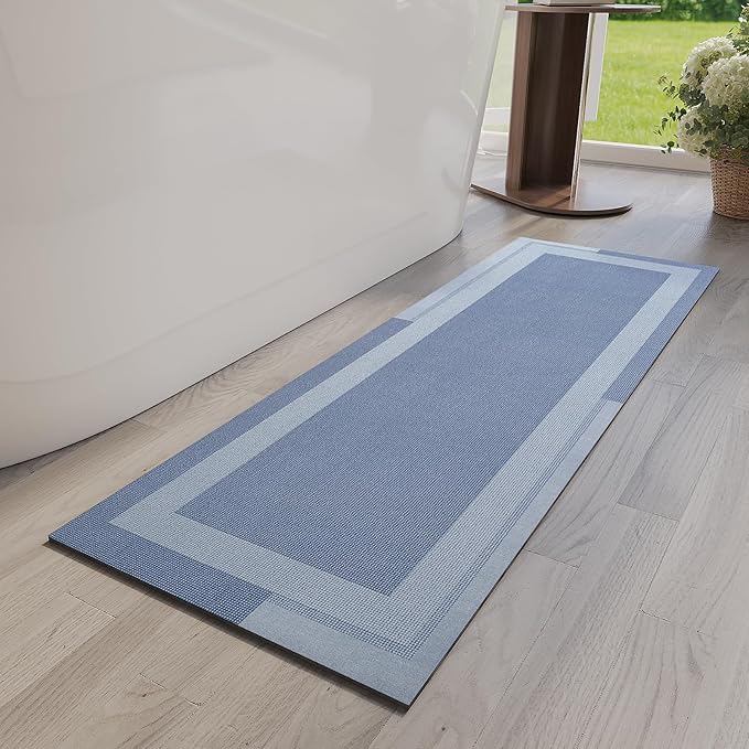 YDKGL Non Slip Long Bath Mat Bathroom Runner, Rubber Backing Ultra Thin Bathroom Rugs Fit Under Door Quick Dry Super Absorbent Washable Bath Rug Shower Mat for Bathtub Sink Floor, Blue 17"x47"