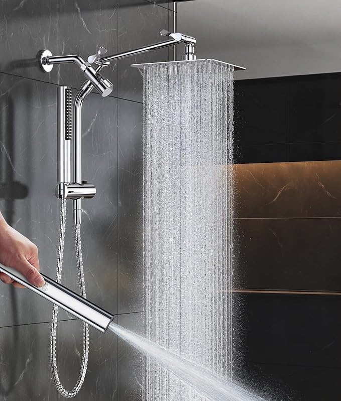 Veken All Metal Shower Head with Handheld, Luxurious Square Spa-like Double Rain Shower Heads,Power Wash Wand,Dual High Pressure Detachable 8" Small Rainfall Showerhead with Spray Combo,Chrome,Sliver