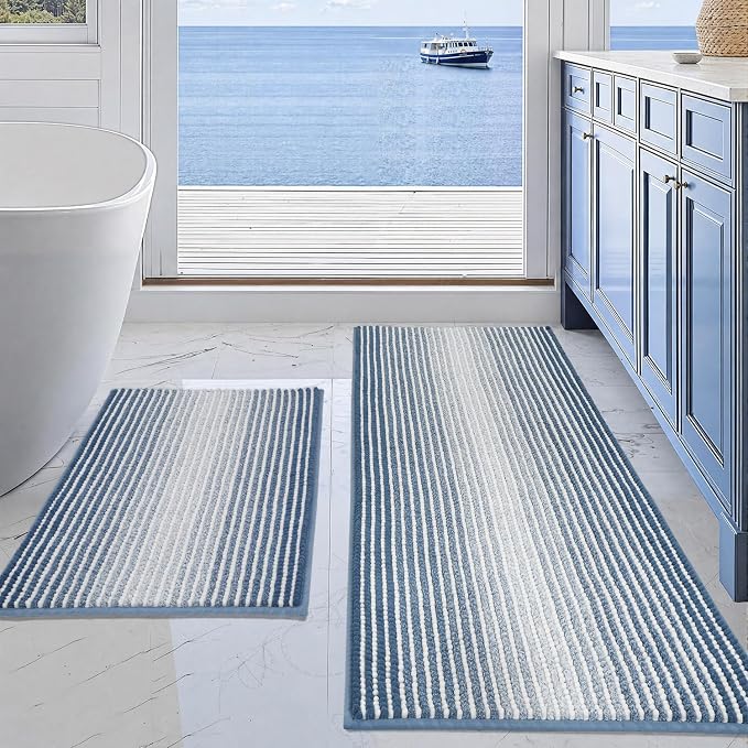 BSICPRO Bathroom Rugs and Mats Sets, 2 Piece Thick Absorbent Chenille Bath Mat Rug Set Non Slip, Soft Shaggy Bath Room Floor Mats for Bathroom, Machine Washable (Fog Blue, 20" x 47" Plus 20" x 32")