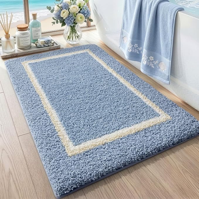 DEXI Bathroom Rugs 32x20, Absorbent Extra Soft Plush Microfiber Bath Mat for Bathroom, Non Slip Washable Bathmat Quick Dry for Shower Floor, Sink, Tub, Laundry Room, Light Blue