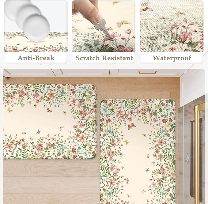 KIMODE Anti Fatigue Kitchen Mats for Floor 2 Piece, Cushioned Floral Kitchen Rugs, Memory Foam Kitchen Floor Mats, Summer Standing Desk Mats for Laundry Office Sink Beige 17"x47"+17"x29"