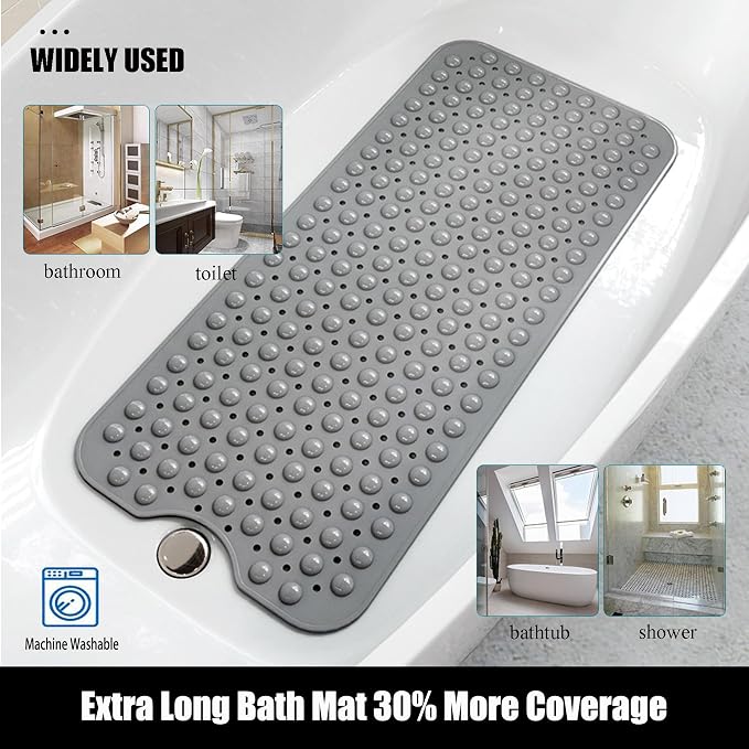 Bathtub and Shower Mats, 28 x 15 Inch Non-Slip Bath Mat, Machine Washable Bath Tub Mat with Suction Cups & Drain Holes for Bathroom, Beige