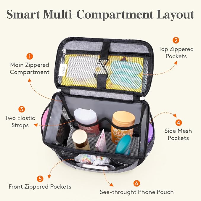 Lifewit Mesh Shower Caddy Bag Portable, Quick Dry Hanging Bathroom Organizer with PVC Phone Bag, College Dorm Room Essentials for Travel, Gym, Camping, Toiletry Tote for Women Men, Large, Grey