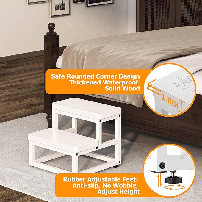 Step Stools for Adults Kids, Heavy Duty Stepping Stool Wooden Bed Step Stools for High Beds, Non-Slip 2 Bedside Foot Stool with 500 Lb Capacity for Bedroom Kitchen Bathroom Outside,Easy Assembly,White