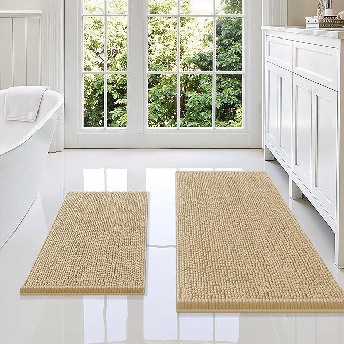 Smiry Bathroom Rugs Sets 2 Piece, Soft Absorbent Chenille Machine Washable Non Slip Shaggy Bath Rug Set for Tub, Shower, and Floor (36x24+24x16, Beige)