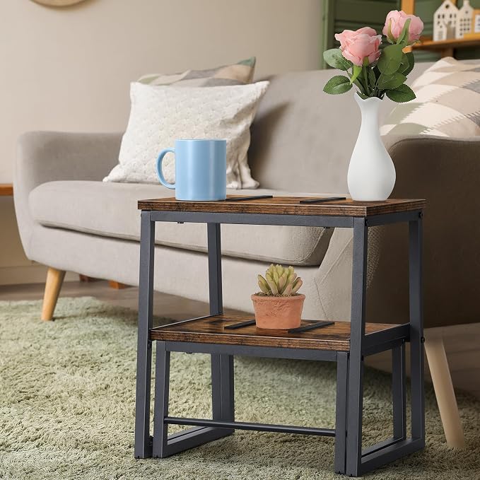 LIANTRAL 2 Step Stools for Adults & Kids, Heavy Duty 2-in-1 Stepping Stools Adjustable Retractable Wooden Stool, Metal Frame, Non-Slip Bedside Foot Stool, for Bed, Kitchen, RV Step - Rustic Brown