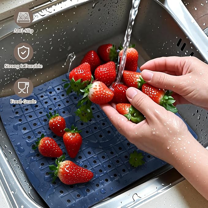 WILLKOMMEN Kitchen Sink Mat, 12" x 10" Dish Drying Mat, Rectangular Sink Protector Mats for Bottom of Kitchen Sink, Fast Draining Sink Mats Grid, 2 Pack Dark Blue