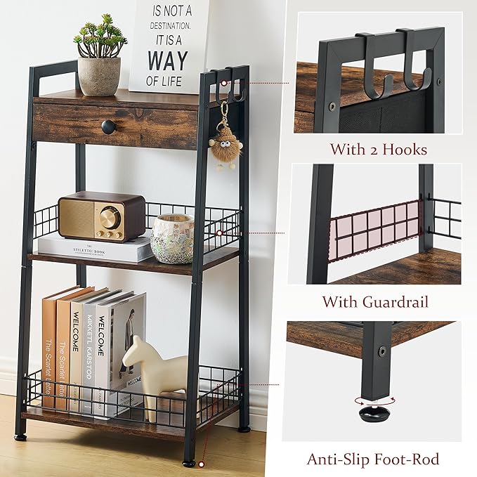 Gewudraw 3-Tier Ladder Shelf with Drawer, Bathroom Table Stand for Small Space, Bathroom Standing Shelves with Storage for Living Room Bedroom Kitchen, Organizer Shelf, Rustic Brown