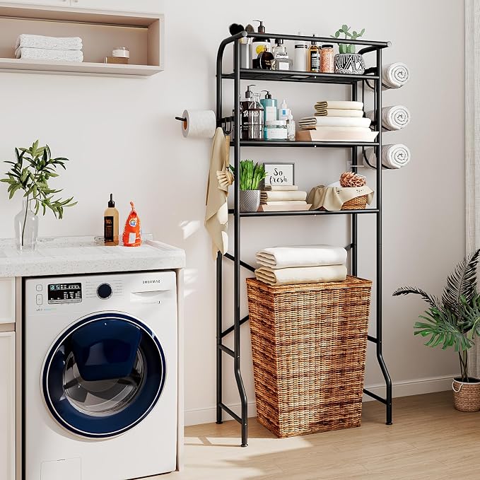 Over The Toilet Storage Metal 3 Tier Bathroom Organizer Shelf with Paper Holder Easy to Assemble & Space Saving (Black)