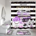 4Pcs Black and Purple Shower Curtain Set,High Heels Perfume Striped Bathroom Curtain with Rug, Toilet Lid Cover, Bath Mat, Modern Floral Flower Magazine Books Shower Curtain with 12 Hooks