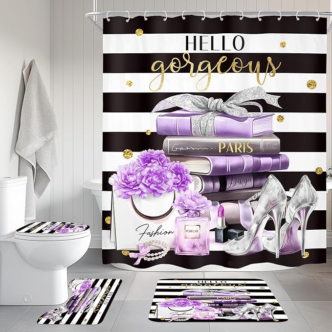 4Pcs Black and Purple Shower Curtain Set,High Heels Perfume Striped Bathroom Curtain with Rug, Toilet Lid Cover, Bath Mat, Modern Floral Flower Magazine Books Shower Curtain with 12 Hooks