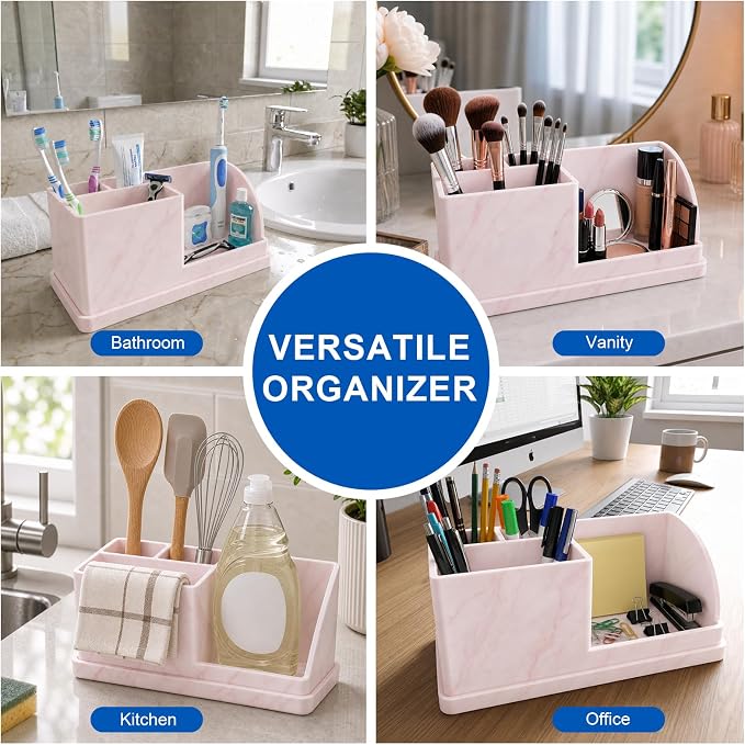 Bathroom Toothbrush Holders, 4 Slots Silicone Counter Organizer Storage with Pink Marble Texture, Detachable Anti-Slip Vanity Organizer for Electric Toothbrush, Toothpaste & Phone