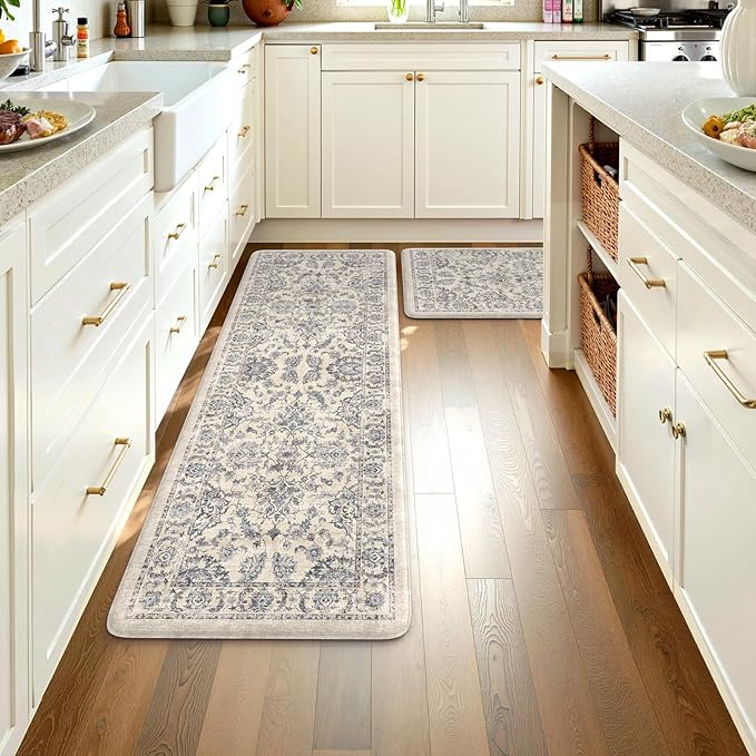 KIMODE Kitchen Mats for Floor Cushioned Anti Fatigue 2 Piece,Boho Floral Kitchen Rugs Non Slip 20" x 59"+20" x 32",Wide Memory Foam Kitchen Mat Carpet for Laundry Office Home,Blue