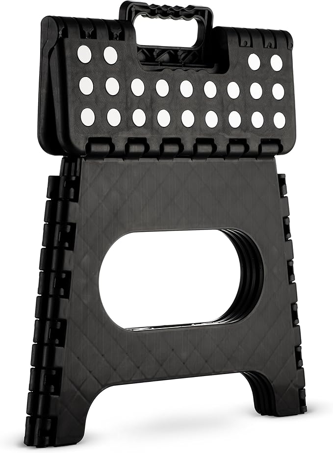 Folding Step Stool - 11" Hight - The Lightweight Step Stool is Sturdy Enough to Support Adults and Safe Enough for Kids. Opens Easy with One Flip. Great for Kitchen, Bathroom, Bedroom (Black)