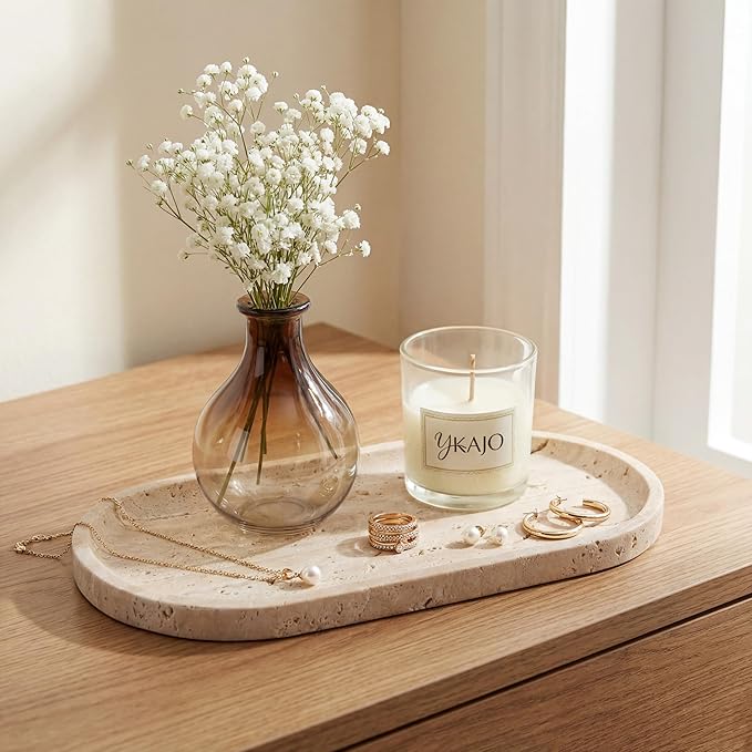 YKAJO Oval Real Marble Tray for Bathroom Kitchen Counter Stone Decorative Vanity Tray for Dresser Perfume Heavy Catchall Organizer for Soap Jewelry (Natural Travertine Beige, 11.8" x 5.9")