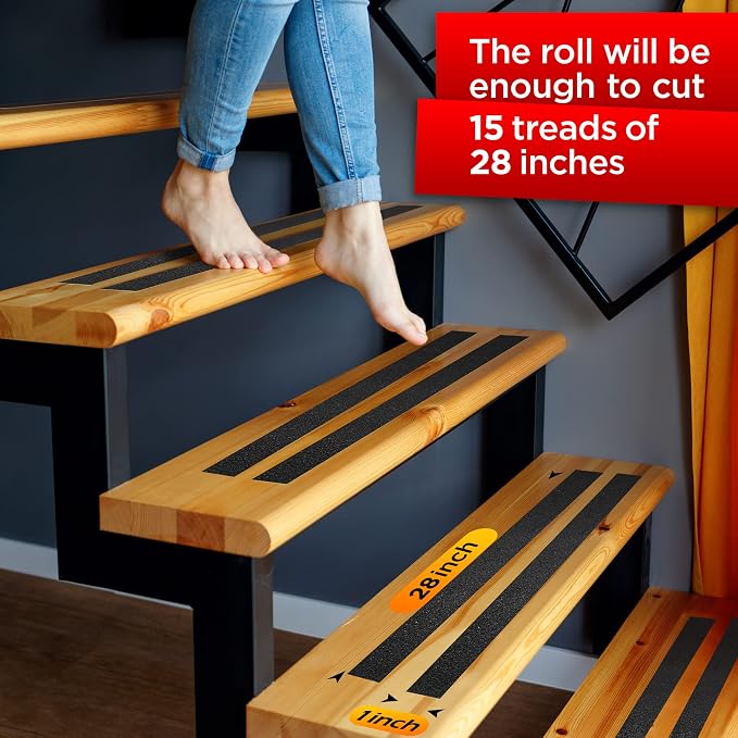 Grip Tape - Heavy Duty Anti Slip Tape for Stairs Outdoor/Indoor Waterproof 1Inch x 35Ft Safety Non Skid Roll for Stair Steps Traction Tread Staircases Grips Adhesive Non Slip Strips Nonslip Walk Black