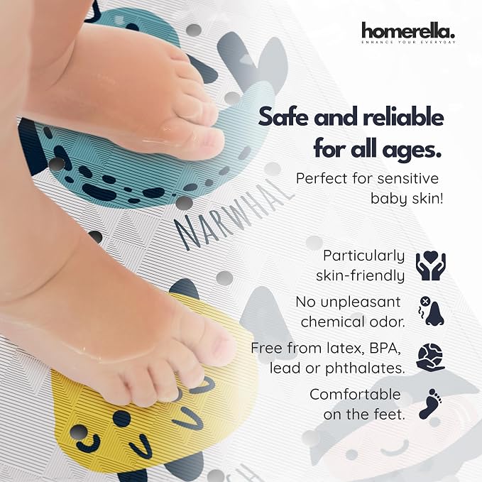 Bath Tub Mat Non Slip Anti Mold for Kids BPA Free INCL Hooks - homerella® Ocean Sea Animals 40x16, Baby Bath Mat Non Slip 200 Suction Cups, Non Toxic Machine Washable Toddler Bath Mat, EU Certified