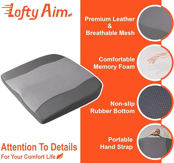 Lofty Aim Car Seat Cushion, Comfort Memory Foam Car Cushions for Driving - Sciatica & Lower Back Pain Relief, Driver Seat Pillow for Auto, Office Chair, Wheelchair - Dark Grey