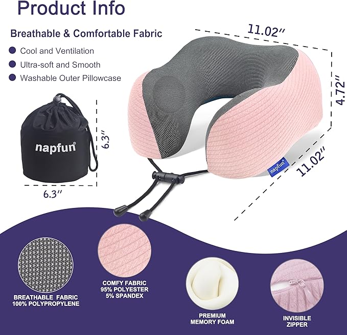 napfun Neck Pillow for Traveling, Upgraded Travel Neck Pillow for Airplane 100% Pure Memory Foam Travel Pillow for Flight Headrest Sleep, Portable Plane Accessories, Pink