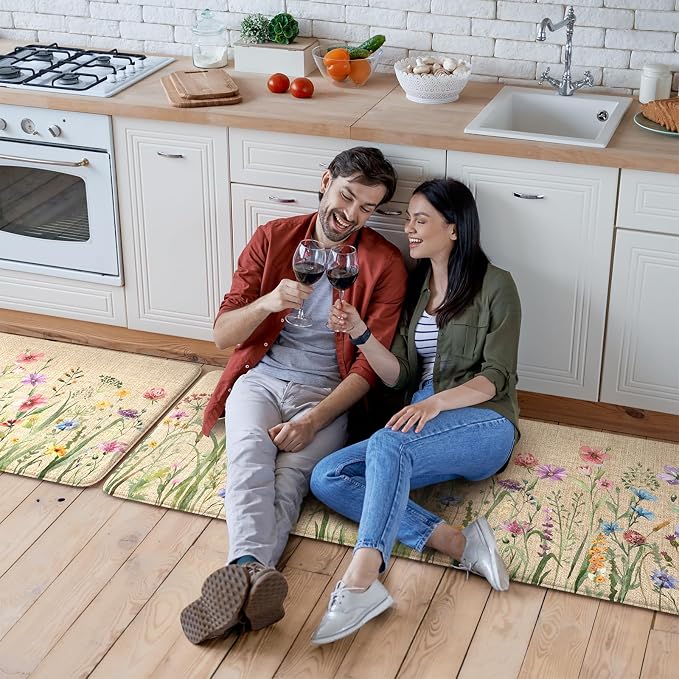 KIMODE Anti Fatigue Kitchen Mats, Farmhouse Kitchen Rugs Sets of 2, Non Slip Waterproof Kitchen Floor Mats, Ergonomic Cushioned Standing Mats for Sink, Laundry, Desk Brown 20"x47"+20"x32"