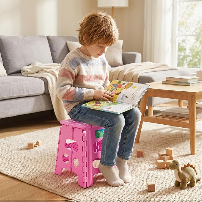 Dyforce Non-Slip Folding Step Stool - 13 inch Height Heavy Duty Foldable Stool for Adults Kids, Plastic Step Stool Camping Stepping Stool - Pink