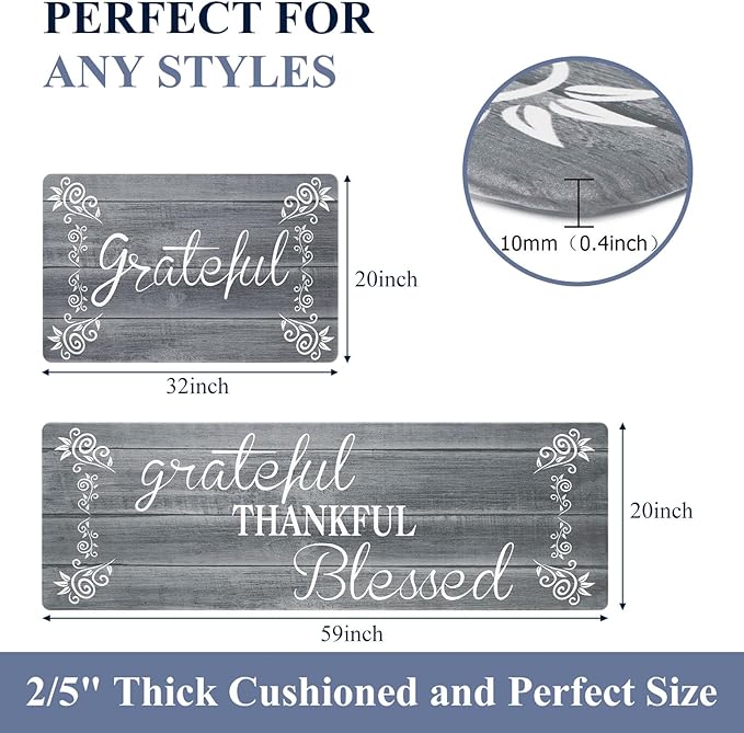 HEBE Anti Fatigue Kitchen Mat Set of 2 Non Slip Cushioned Kitchen Mats for Floor Waterproof Farmhouse Kitchen Rugs and Mats Set Comfort Standing Desk Mat Carpet for Sink,Office,Laundry