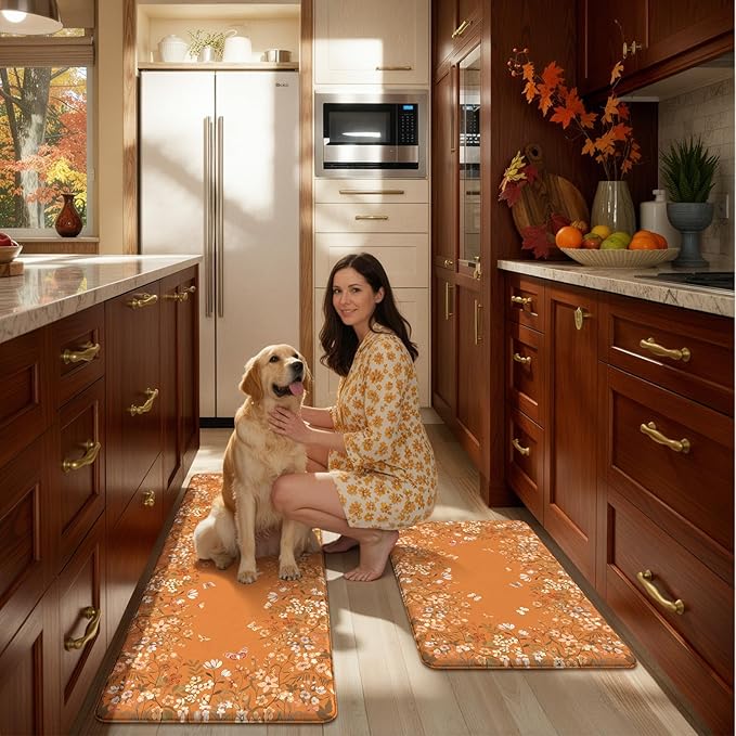 KIMODE Anti Fatigue Kitchen Mats Cushioned, Boho Floral Kitchen Rugs Sets of 2, Fall Kitchen Mat for Floor, Memory Foam Standing Desk Mat for Laundry Office Sink Desk Orange Halloween 17"x47"+17"x29"