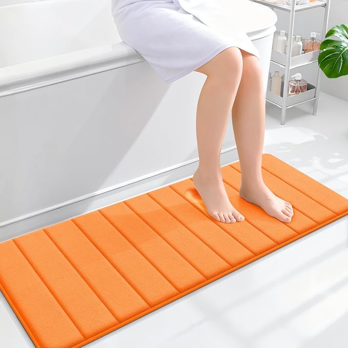 OLANLY Memory Foam Long Bathroom Rugs Runner 47x17, Super Soft Absorbent Bath Mat, Quick Dry, Machine Washable Shower Floor Rugs, Bathmat Carpet, Bathroom Home Decor Accessories, Orange