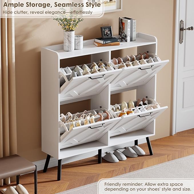 Nicetree Shoe Cabinet with 4 Flip Drawers, Freestanding Shoe Organizer Cabinet with Metal Legs, Farmhouse Slim Shoe Rack Cabinet for Entryway, Foyer, Hallway, White