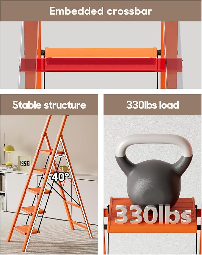 HillhutApex 5 Step Foldable Aluminum Step Ladder with Handgrip, Anti-Slip Pedal, 330 lbs Capacity, Lightweight & Portable for Home, Kitchen, Office, Garage (Orange)