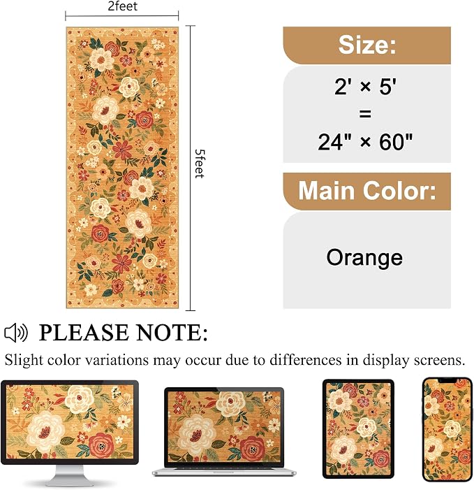 DUKINO 2x5 Runner Rug for Hallway, Washable Kitchen Floral Runner Rug with Non Slip Backing, Low Pile Soft Boho Carpet for Kitchen, Hallway, Entryway, Laundry, Bedroom, Orange