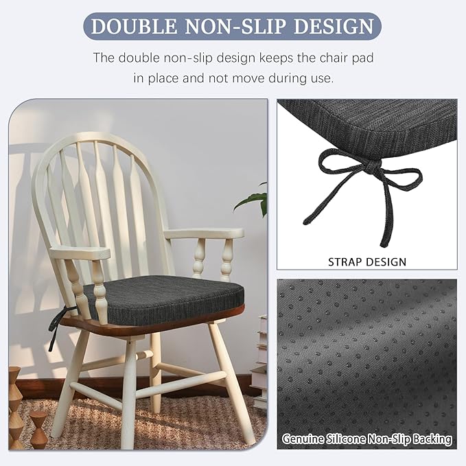 baibu Kitchen Chair Cushions Set of 6, Dual-Layer Patented Design Memory Foam Dining Chair Pads with Ties and Washable Cover, 6 Pack, 17" x 16" x 2", Black