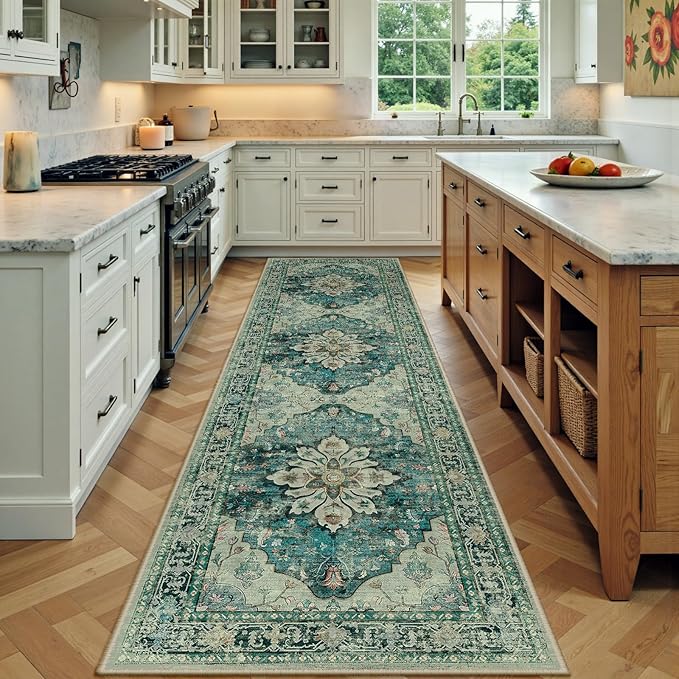 RELEANY Area Rugs Runner 2'x7' Washable Non-Slip, Floral Vintage Distress Medallion Carpet for Kitchen Hallway Bedroom Beside Laundry Room Bathroom, Dark Blue Vintage