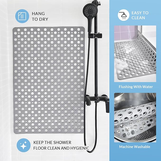 Non Slip Bathtub and Shower Mat, 30x17 in (75x43 cm), Soft Bath Tub Mat with Suction Cups and Bigger Drain Holes, Machine Washable & Quick Easy Dry, Non Slip Bath Mats for Inside Shower, Gray
