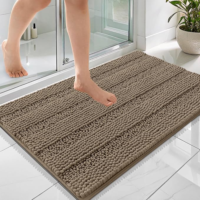 OLANLY Thick Bathroom Rugs 36x24, Extra Soft Absorbent Chenille Striped Bath Rugs, Rubber Backing, Machine Wash Dry, Bath Mats for Bathroom Floor, Tub and Shower, Home Decor Accessories, Tan