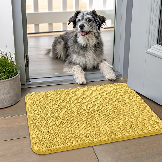 Smiry Dog Door Mat for Muddy Paws 24x16, Absorbent Dirt Trapper, Non-Slip Washable Chenille Entryway Rug for Inside Floor, Yellow, Classic Solid