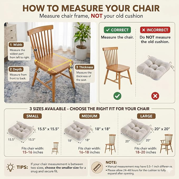 BETU Chair Cushions for Dining Chairs,3.5" Thick Kitchen Table Chair Pads with Ties,Non Slip Backing and Covers,Seat Cushion for Dining Room,Bar,Patio Chairs,18"X18"X3.5"