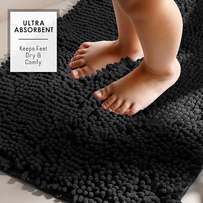 Hearth & Harbor Bathroom Rugs, Chenille Bath Mat - Machine Washable Bath Mats for Bathroom Non-Slip Backing Rubber, Quick Dry Bathroom Mat - Black Bath Rug, 26x44